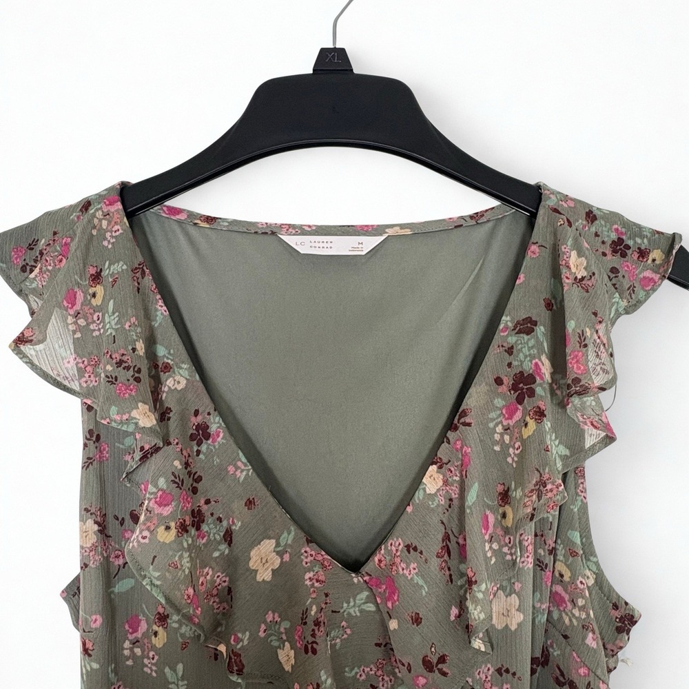 NWT LC Lauren Conrad Floral Asymmetrical Ruffle Maxi Dress Olive Size Medium - Picture 3 of 13